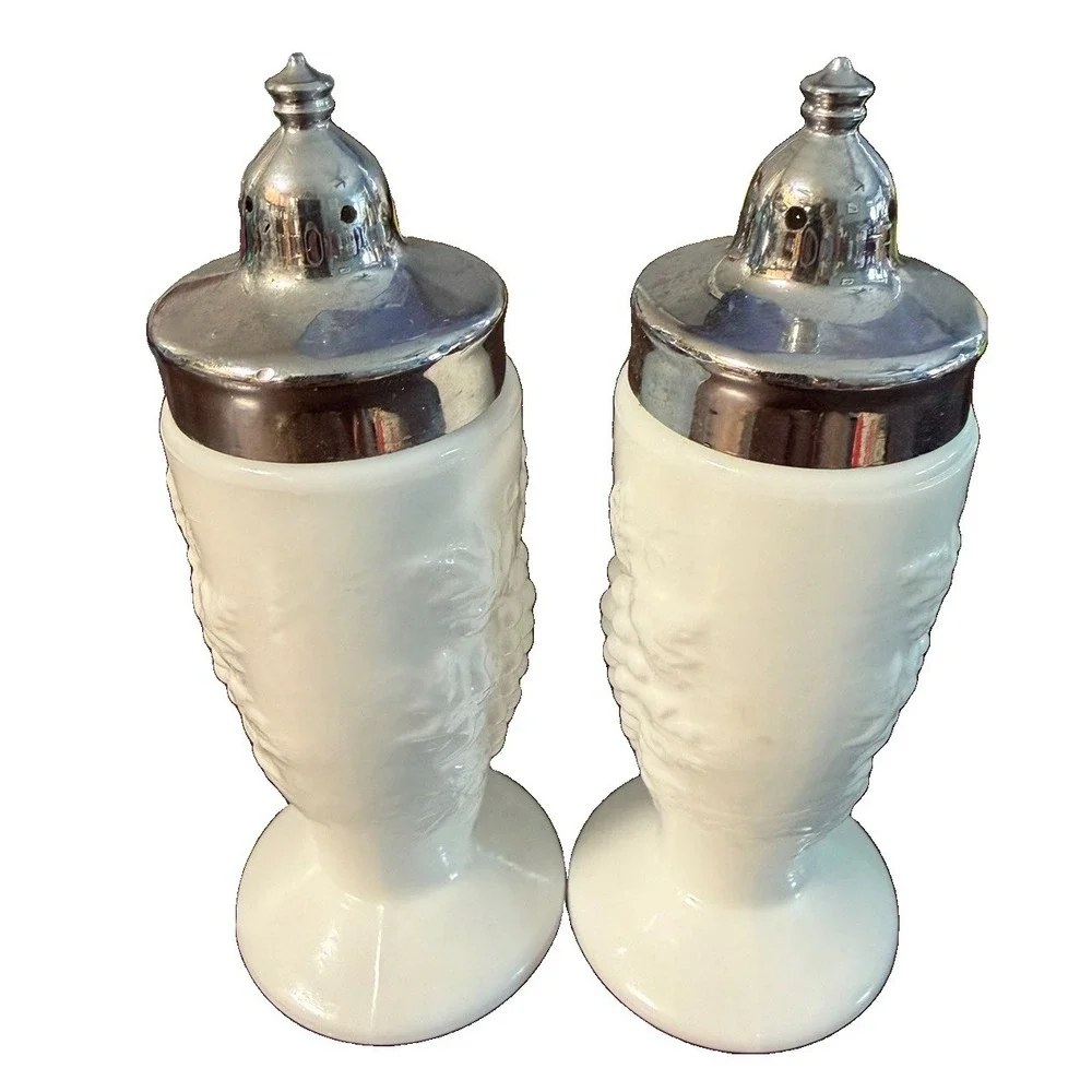 Vintage Milk Glass Grape Vine Footed Salt Pepper Shakers Chrome Tops 5in